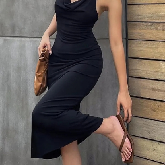 Halter Bodycon Midi Dress Women Sleeveless Backless Solid Color Slim Long Dress - Picture 4 of 5